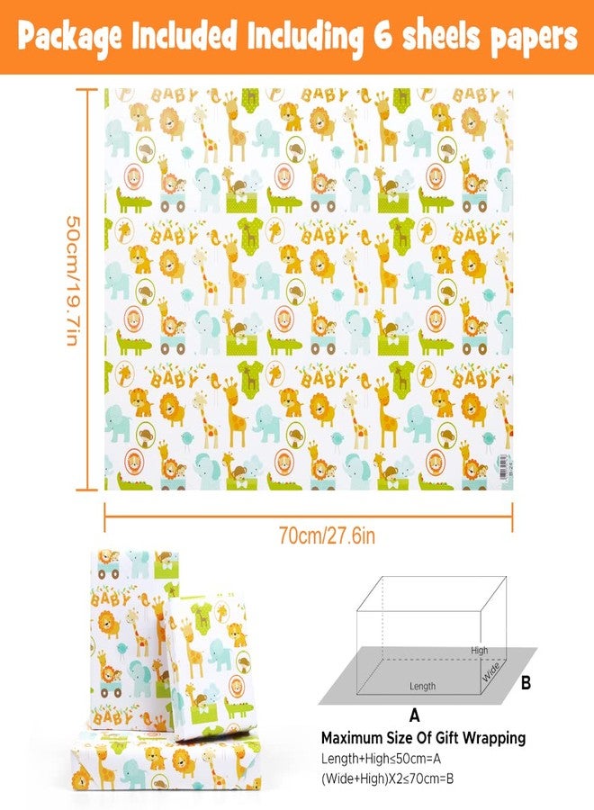 AirCool Gift Wrapping Paper for Baby Boys Girls Infant Kids, 6 Sheets Forest Animals Lion Giraffe Elephant Monkey Crocodile Wrapping Paper Sheet, 20 x 30 Inch Gift Paper for Baby Shower Birthday Kindergarten - Image 2